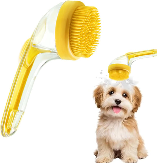Dog Bath Brush, 2 in 1 Pet Grooming Bath Massage Brush with Soap and Shampoo Dispenser Soft Silicone Bristle Dog Scrubber for Long Short Haired Dogs Cats Shower-Yellow